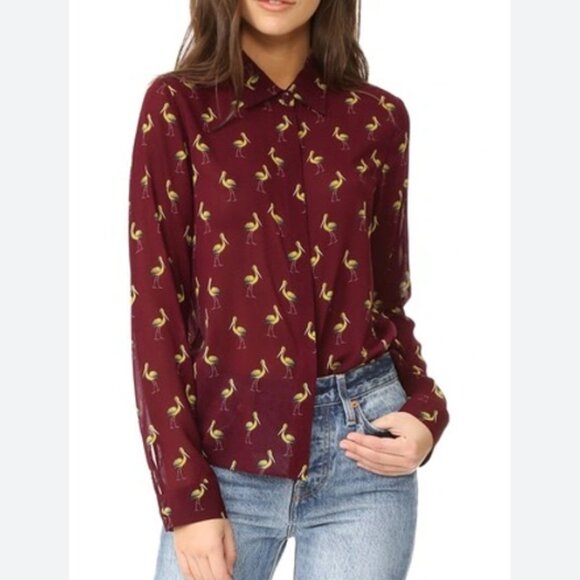 Alice + Olivia Willa Bird-Print Silk Shirt XL Pelican Paradise Button Up Blouse - Picture 1 of 12